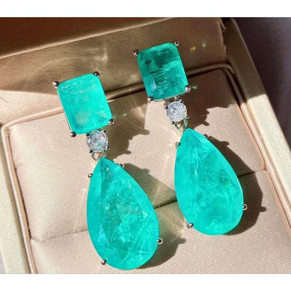 Emerald Green Tear Drop Earrings, Unique Neon Blue Paraiba Tourmaline Jewelry